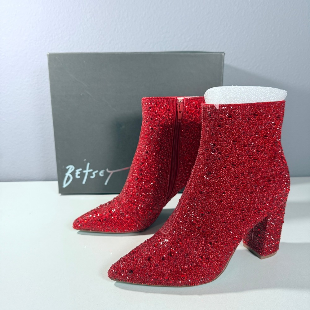 Betsey Johnson SB-Cady Red Rhinestone Glass Stone Block Heel Ankle Boots 5.5M - Picture 2 of 12